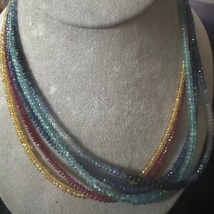 Rare individual 5 strand Saphire, Ruby & gemstones 18k Gold Clasp Necklace 49.3g